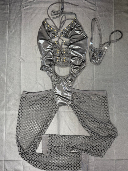 Metallic Black/Black Spandex Body Suit Lingerie Outfit