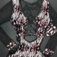 White Mesh/Red Glitter Flame Black Fishnet One-Piece Romper Lingerie Outfit