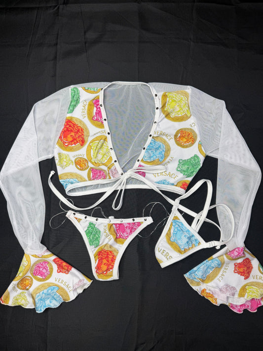 Designer White Long Sleeve Fringe Sleeve Silicone String Bottom Two-Piece Lingerie Outfit