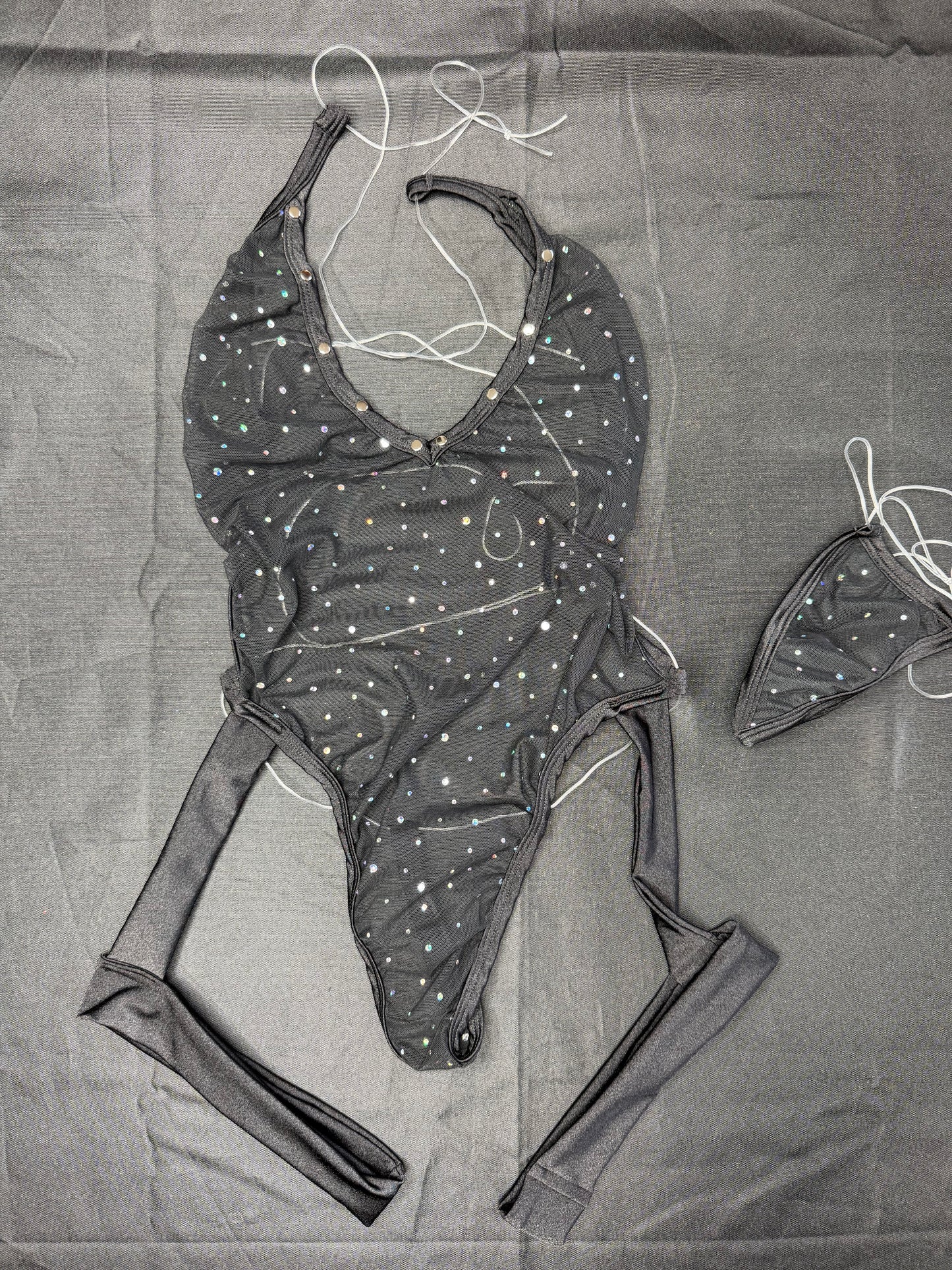 Black Mesh/Spandex One-Piece Garters Lingerie Outfit