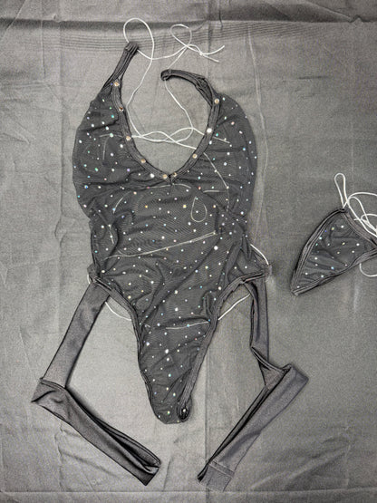 Black Mesh/Spandex One-Piece Garters Lingerie Outfit