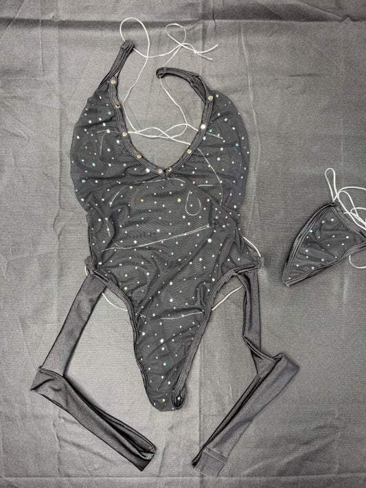 Black Mesh/Spandex One-Piece Garters Lingerie Outfit