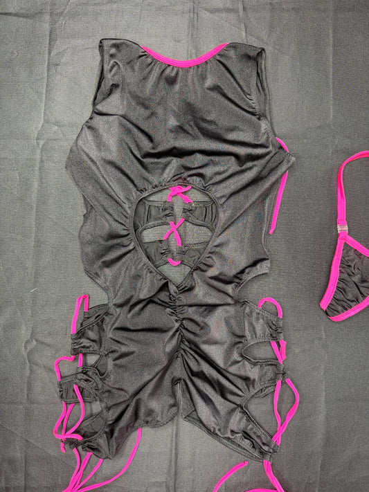 Hot Pink/Black Spandex One-Piece Lingerie Outfit