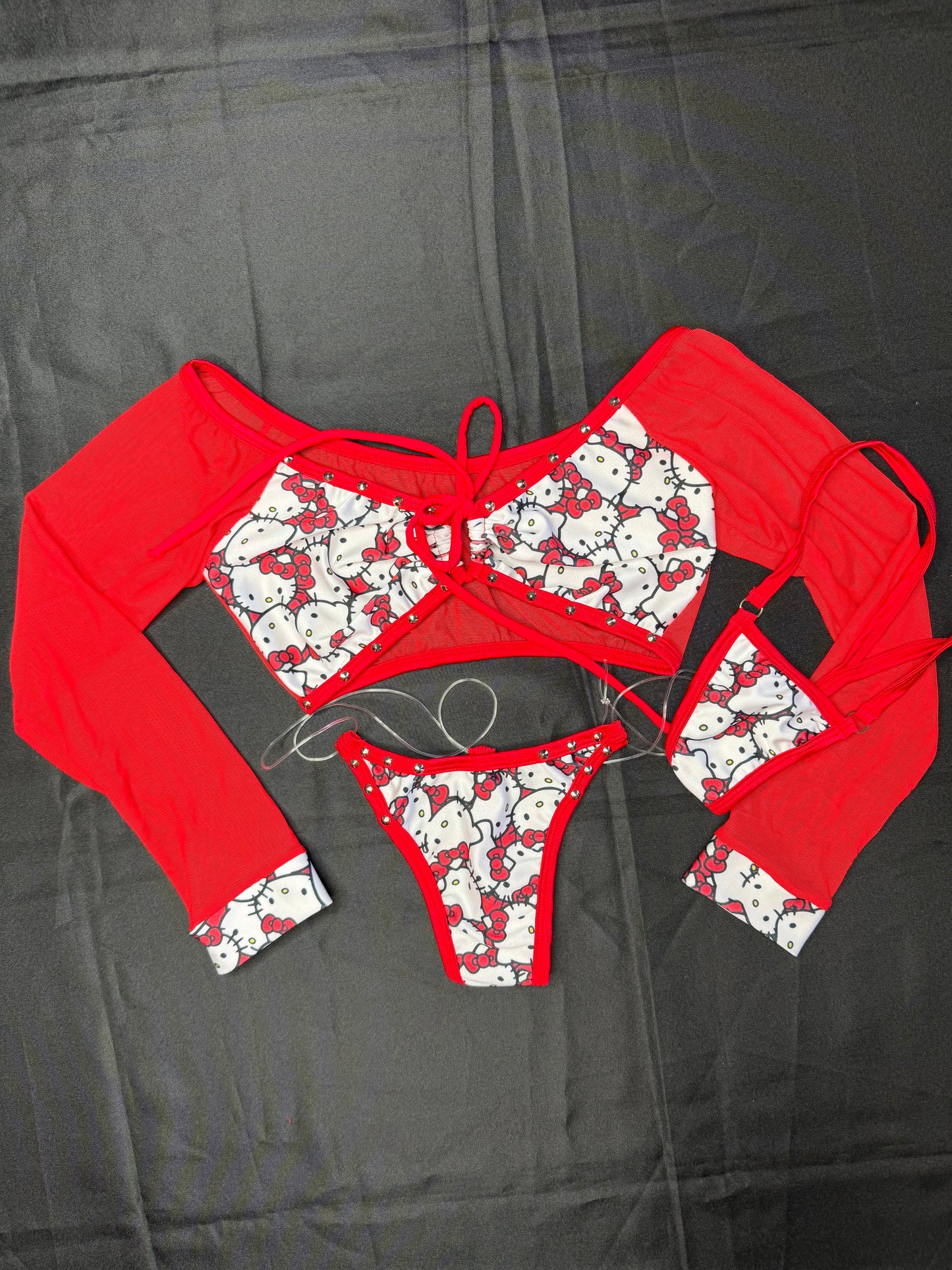 Red Mesh/Kitty Spandex Two-Piece Lingerie Outfit