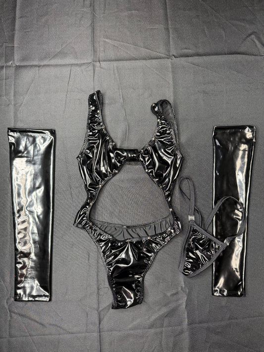 Black Latex One-Piece Lingerie Outfit with Sleeves