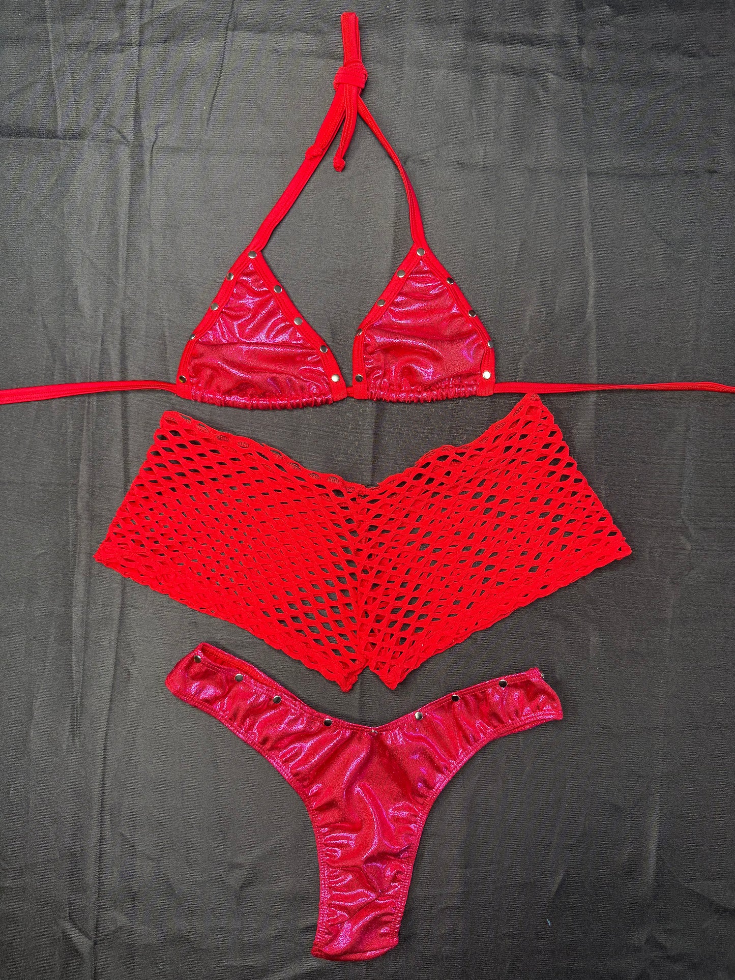 Red Fishnet/Fuchsia Spandex Three-Piece Shorts/Cheeky Thong Lingerie Outfit