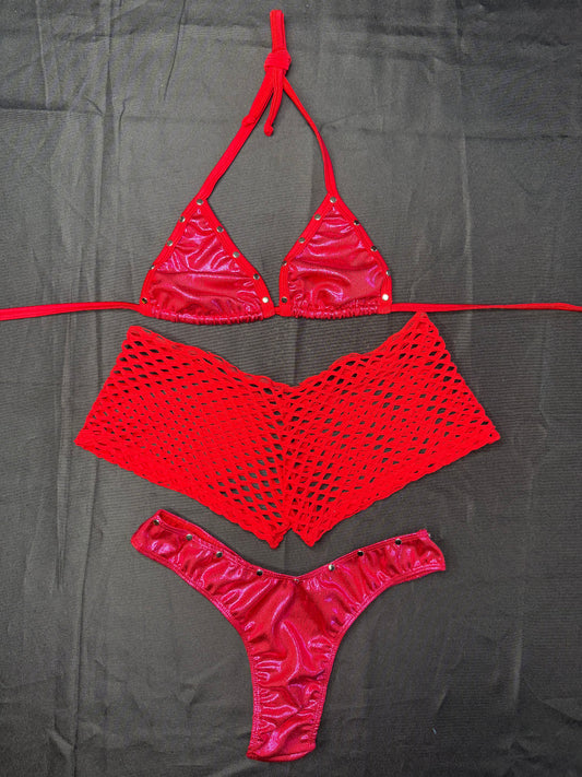 Red Fishnet/Fuchsia Spandex Three-Piece Shorts/Cheeky Thong Lingerie Outfit