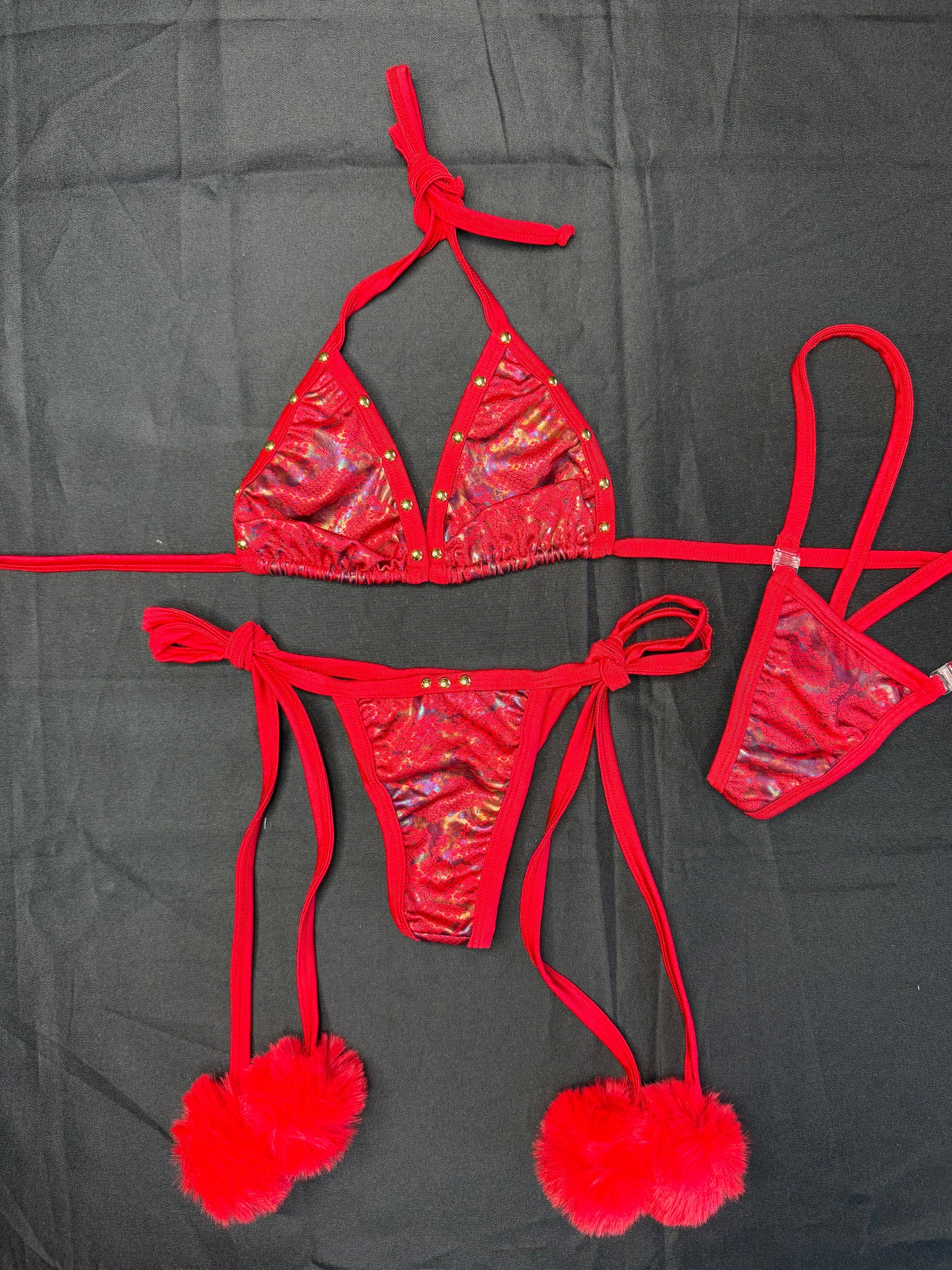 Red Animal Print/Red Spandex Pom Pom Two-Piece Bikini Lingerie Outfit