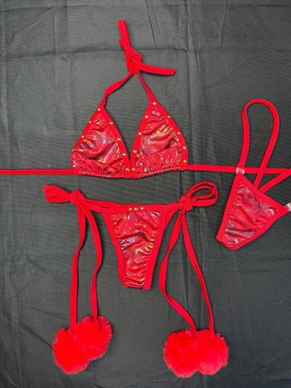 Red Animal Print/Red Spandex Pom Pom Two-Piece Bikini Lingerie Outfit