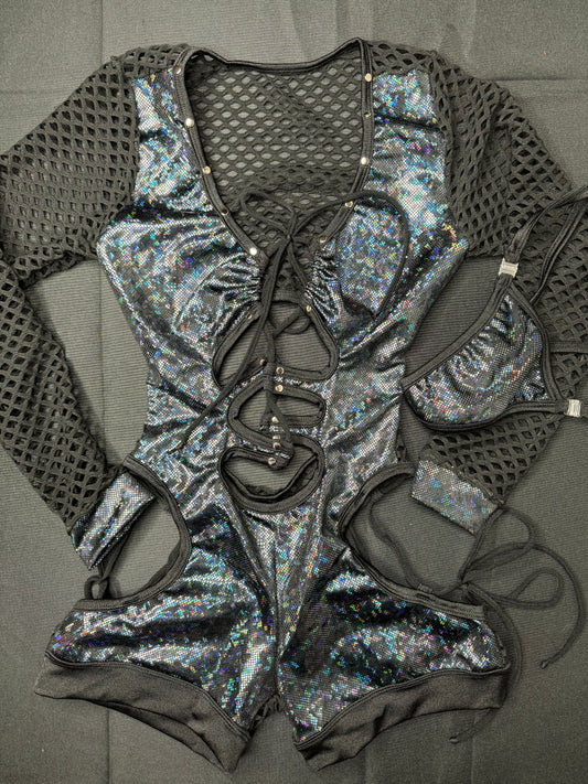 Metallic Black/Black Fishnet Bartender Outfit