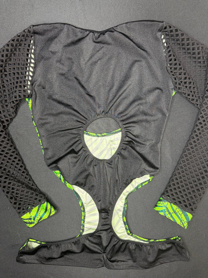 Green Designer Animal Print/Black Fishnet Spandex Romper One-Piece Lingerie Outfit