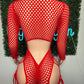 Heart Kitty Print/Red Fishnet Spandex One-Piece Romper Lingerie Outfit
