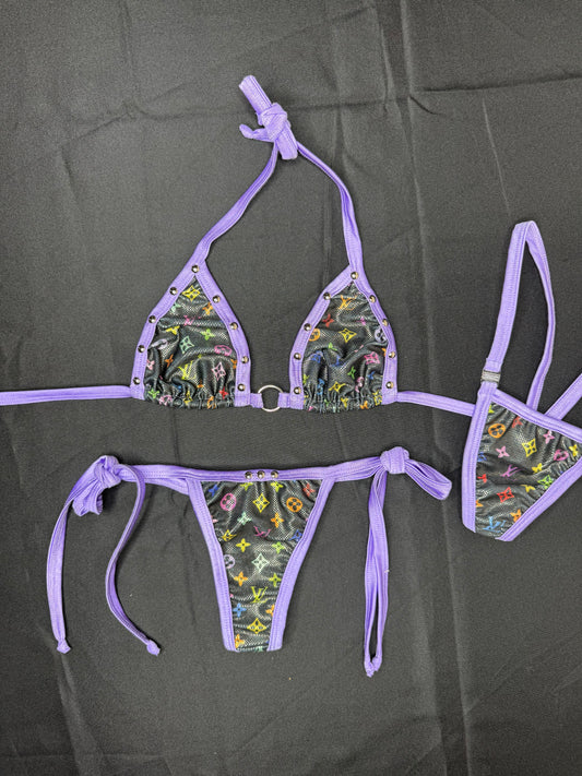 Holographic Designer Black/Lavender Spandex Two-Piece Lingerie Outfit