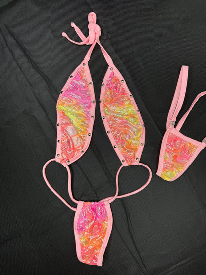 Metallic Baby Pink Sling-Shot One-Piece Lingerie Outfit