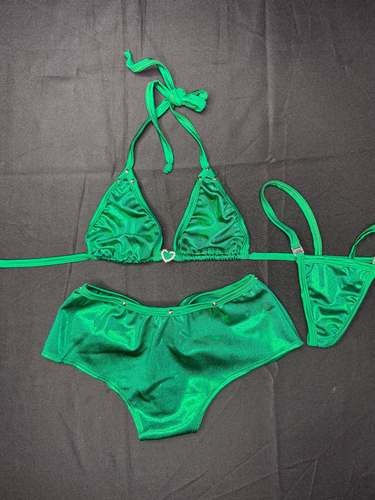 Metallic Green Bikini Top/Shorts Two-Piece Lingerie Outfit