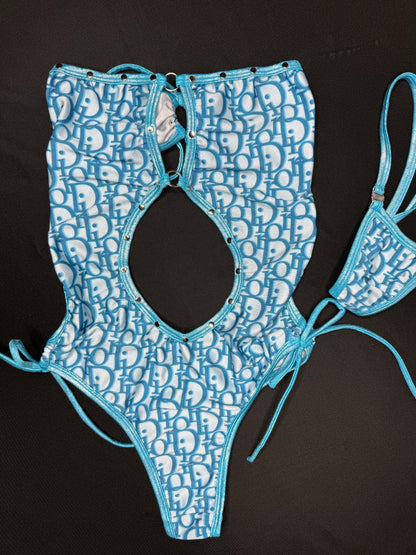 Designer Baby Blue/Metallic Baby Blue Spandex One-Piece Lingerie Outfit