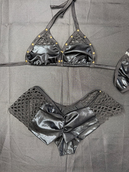 Black/Metallic Black Spandex Two-Piece Shorts Lingerie Outfit