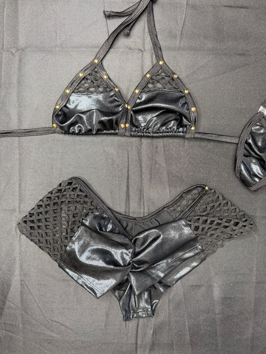 Black/Metallic Black Spandex Two-Piece Shorts Lingerie Outfit