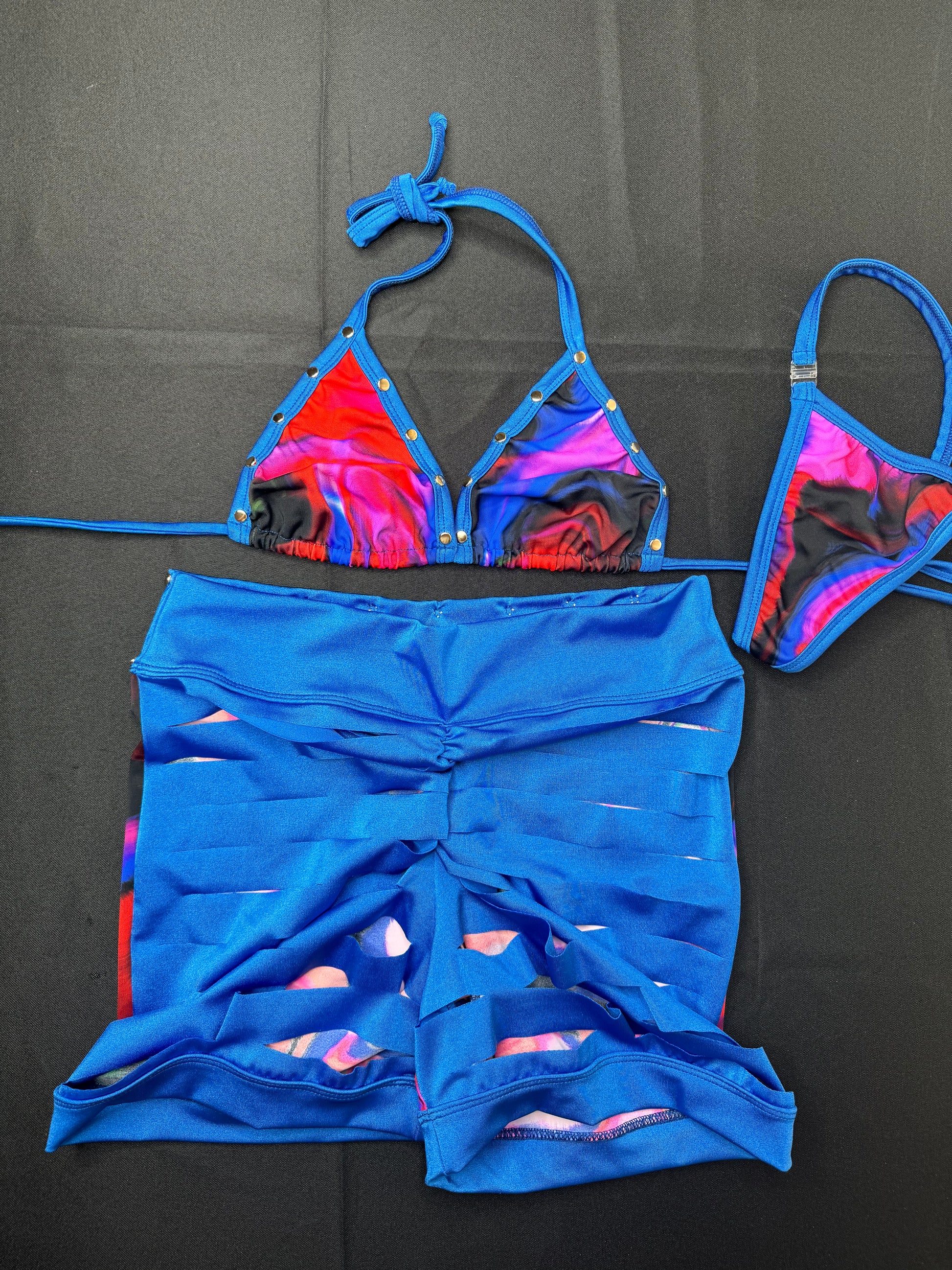 Red/Black & Blue Wave Two-Piece Ripped Shorts Two-Piece Exotic Dancer Outfit