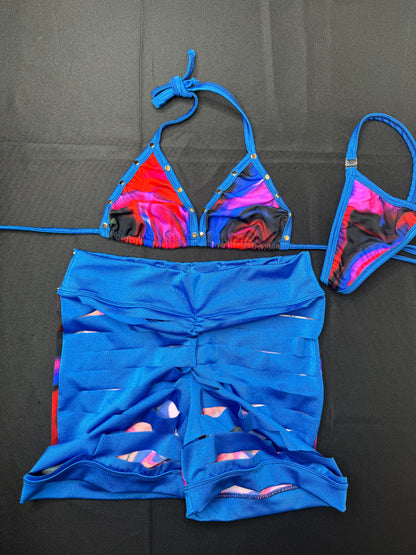 Red/Black & Blue Wave Two-Piece Ripped Shorts Two-Piece Exotic Dancer Outfit