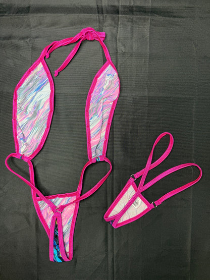 Neon Swirl/Hot Pink Spandex Slingshot Lingerie Outfit
