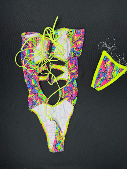 Tie Dye/Neon Yellow One-Piece Lingerie Outfit