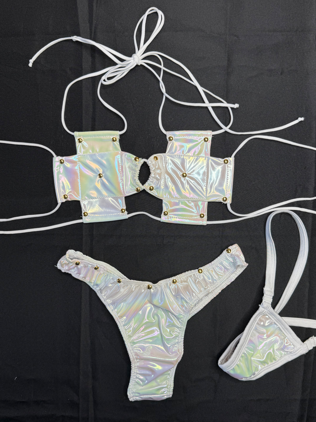 Chrome Vinyl Cross Bikini Cheeky Thong Two-Piece Lingerie Outfit