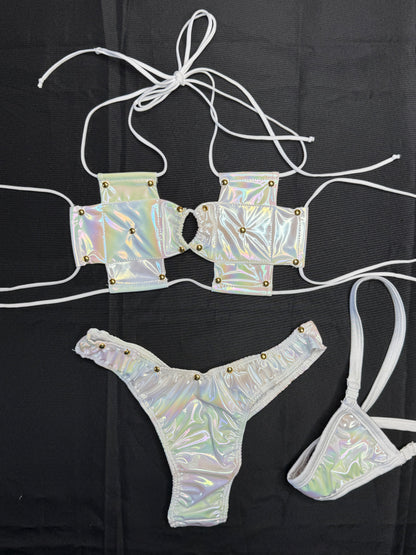 Chrome Vinyl Cross Bikini Cheeky Thong Two-Piece Lingerie Outfit