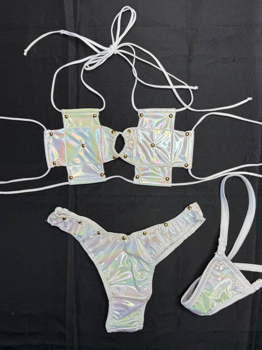 Chrome Vinyl Cross Bikini Cheeky Thong Two-Piece Lingerie Outfit
