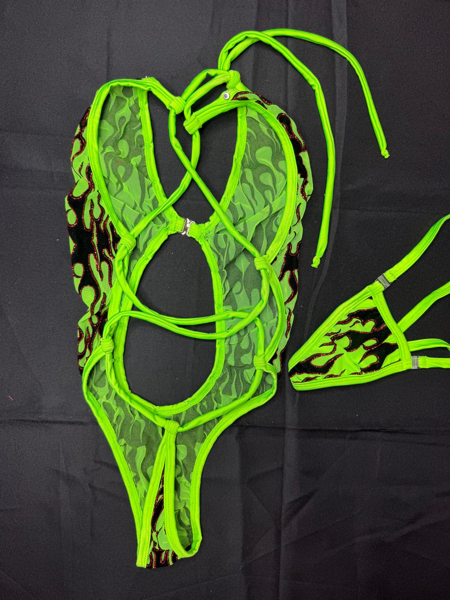 Green Flame Mesh One-Piece Lingerie Outfit