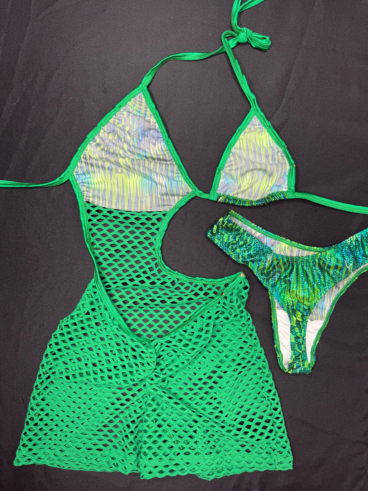 Green Animal Print/Green Fishnet One-Piece Cheeky Thong Lingerie Outfit