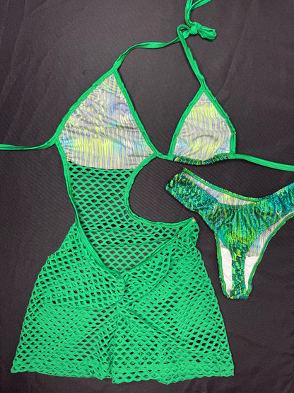 Green Animal Print/Green Fishnet One-Piece Cheeky Thong Lingerie Outfit