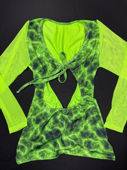 Cosmic Neon Green Spandex One-Piece Romper Lingerie Outfit