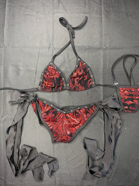 Red Flame Spandex Two-Piece Bikini Lingerie Outfit