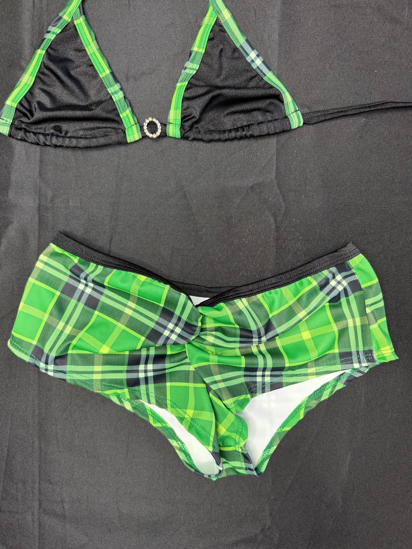 Green/Black Plaid Bikini Top/Shorts School Girl Outfit