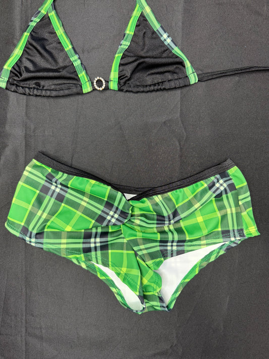 Green/Black Plaid Bikini Top/Shorts School Girl Outfit
