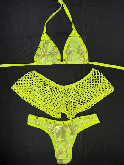 Neon Yellow Spandex Shorts/Cheeky Thong Three-Piece Lingerie Outfit
