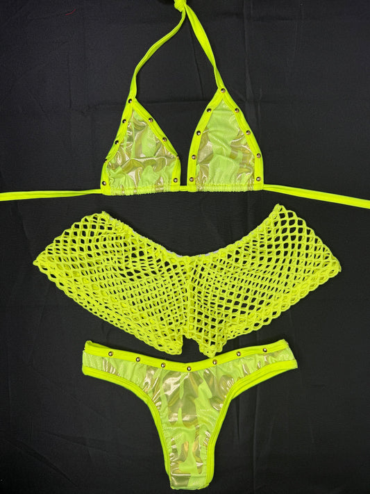 Neon Yellow Spandex Shorts/Cheeky Thong Three-Piece Lingerie Outfit