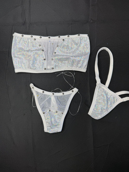 Metallic White Spandex/Mesh Tube-Top/Bikini Bottom Two-Piece Lingerie Outfit
