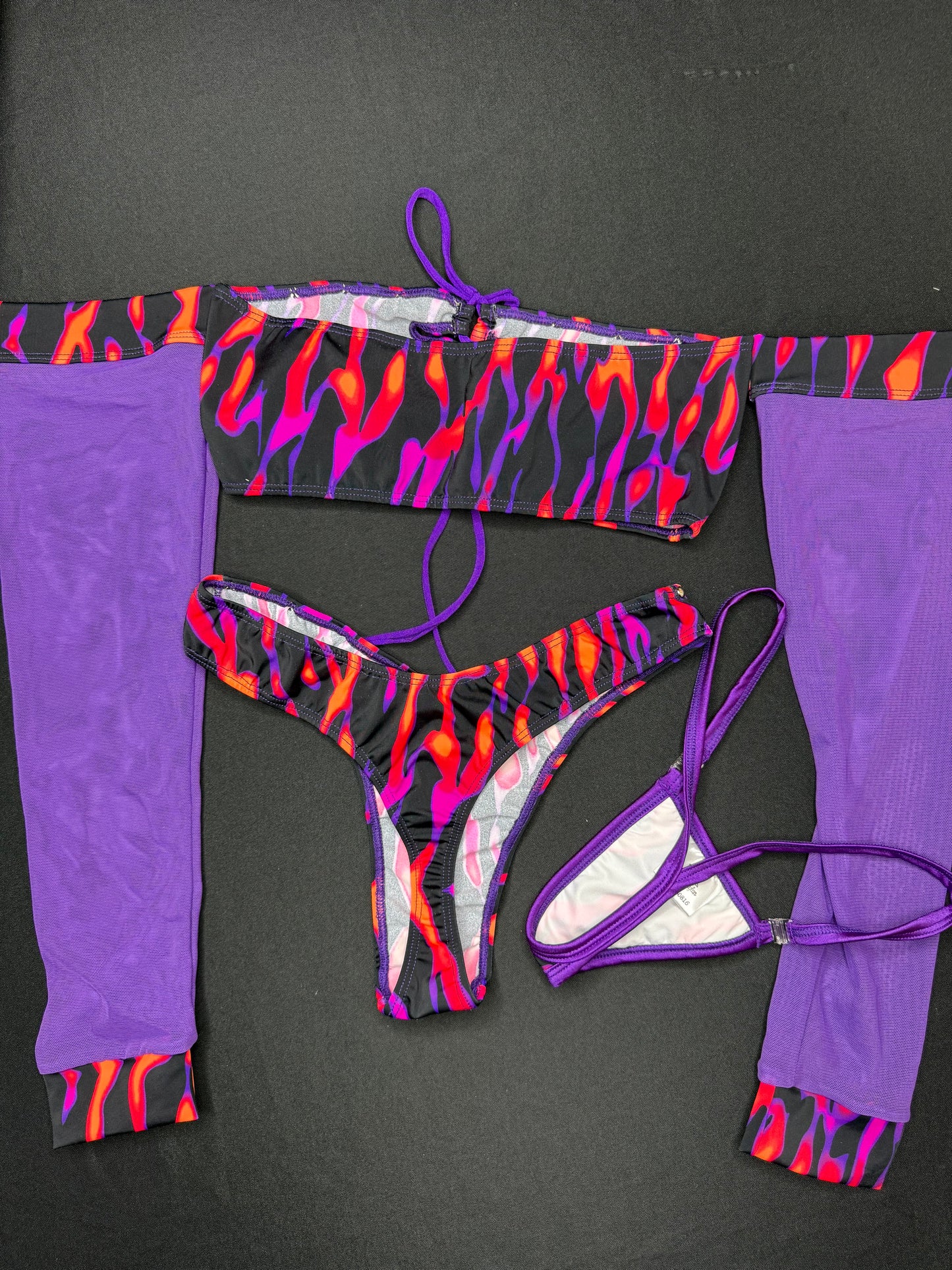 Purple Mesh/Tiger Stripe Animal Print Tube Top Long Sleeve/Cheeky Thong Two-Piece Lingerie Outfit