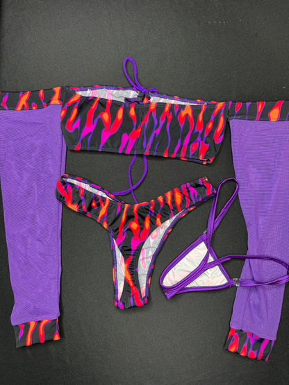 Purple Mesh/Tiger Stripe Animal Print Tube Top Long Sleeve/Cheeky Thong Two-Piece Lingerie Outfit
