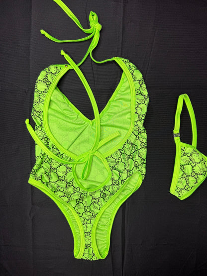 Designer Kitty Neon Green Spandex One-Piece Lingerie Outfit