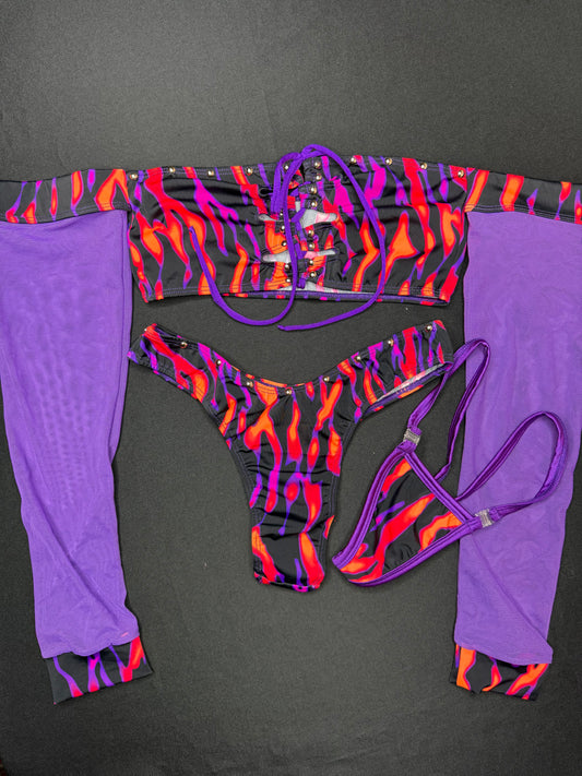 Purple Mesh/Tiger Stripe Animal Print Tube Top Long Sleeve/Cheeky Thong Two-Piece Lingerie Outfit