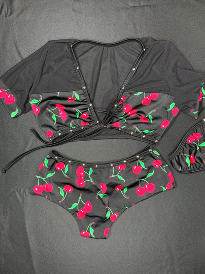 Red/Black Cherry Two-Piece Shorts Lingerie Outfit