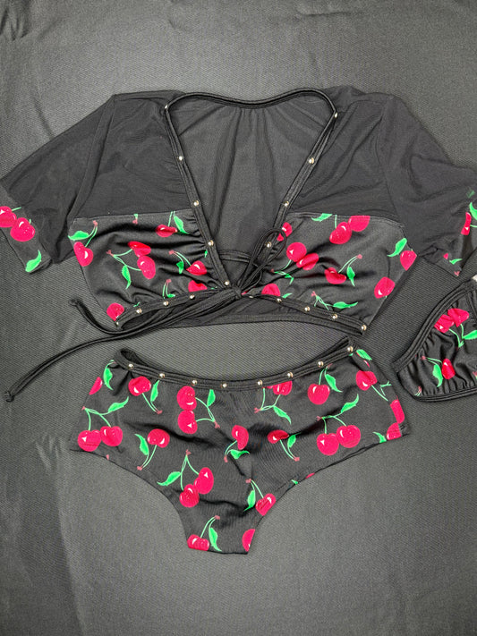 Red/Black Cherry Two-Piece Shorts Lingerie Outfit