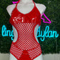 Red Latex/Fishnet One-Piece Outfit