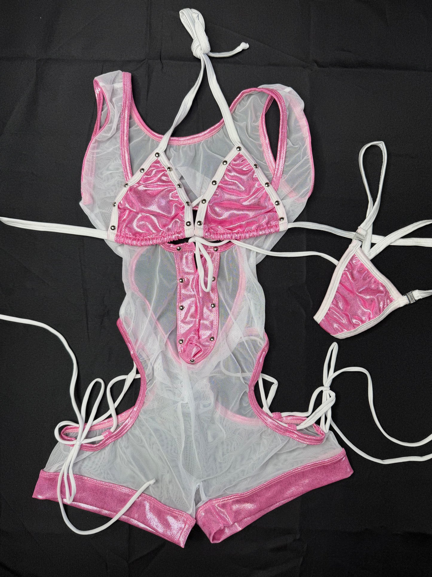 Metallic Baby Pink Spandex/White Mesh Romper Lingerie Outfit