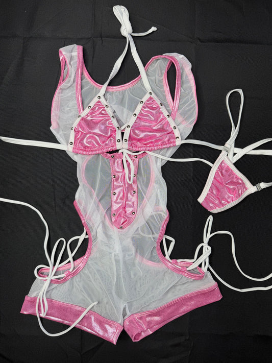 Metallic Baby Pink Spandex/White Mesh Romper Lingerie Outfit