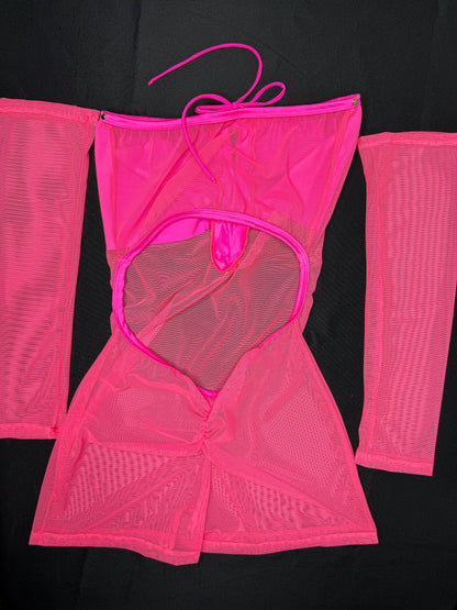 Hot Pink Three-Piece Mesh Cheeky Thong/Sleeves Lingerie Outfit