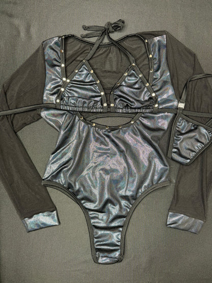 Metallic Black/Black Mesh One-Piece Leotard Lingerie Outfit